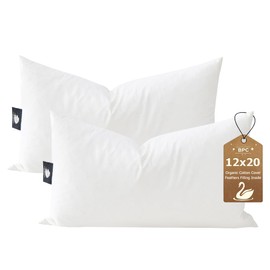 BPC 12x20 Down Feather Lumbar Pillow Inserts Set of 2, 100% Organic Cotton Cover, Soft Decorative Throw Pillows for Sofa, Couch and Bed, White