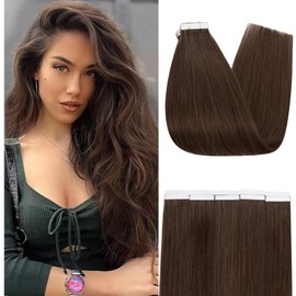 S-noilite Tape Extensions Real Hair 10 Pieces Real Hair Medium Brown Tape In Extensions Real Hair Invisible Hair Extensions Tape 45 cm 25 g Straight