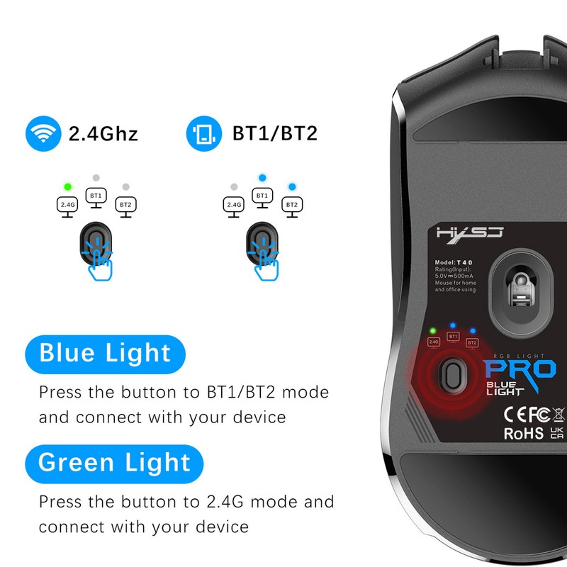 HXSJ T40 T40 Wireless Mouse 2.4G+BT5.1+BT5.1 USB Receiver Triple Modes