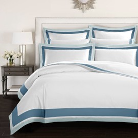 Casabolaj Shading 3 Pieces Do Not Include Filling Duvet Cover Set 100% Egyptian Cotton Sateen Luxury 400 TC Frame Patchwork Button Closure and Corner Ties-White/Blue/Sapphire (California King)