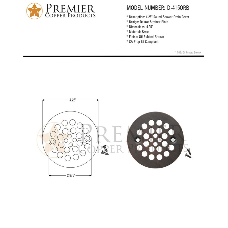 Premier Copper Products D-415ORB 4.25-Inch Round Shower Drain Cover, Oil
