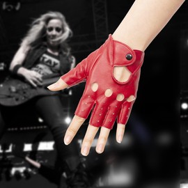 JISEN Women PU Leather Punk Gloves Snap Half Finger Performance Mittens D-Red