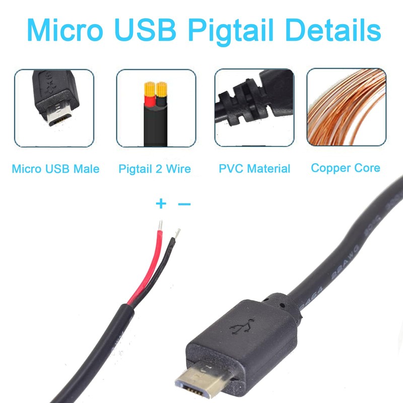 EAHOSUCC Single 22AWG Short Micro USB Pigtail 2 Wire Power