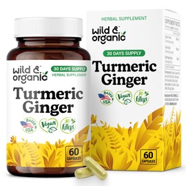 Wild & Organic Turmeric and Ginger Supplement Capsules - Mobility & Immune Support - Ginger and Turmeric Supplements with Black Pepper - 30 Days of Supply - Vegan, No Fillers, Non-GMO - 60 Count