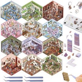 12 Set DIY 3D House Scene Stickers, Fun DIY 3D Sticker Scene Make Your Own Mini Room, Cute Cartoon Miniature Scene Sticker Set, 3D House Stickers Quiet Book for Adults Kids Gift