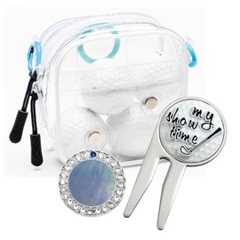 E TRUEE Golf Ball Marker and Golf Divot Tool with Magnetic Clear Golf Ball Bag, Multipurpose Set, Golf tee, Golf Ball Holder Bag, Golf Accessories, Golf Gifts for Men Women