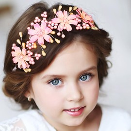 Woeoe Pearl Flower Girl Headpiece Pink Floral Headband Princess Frist Communion Hair Band Wedding Bride Hair Accessories for Women and Girls