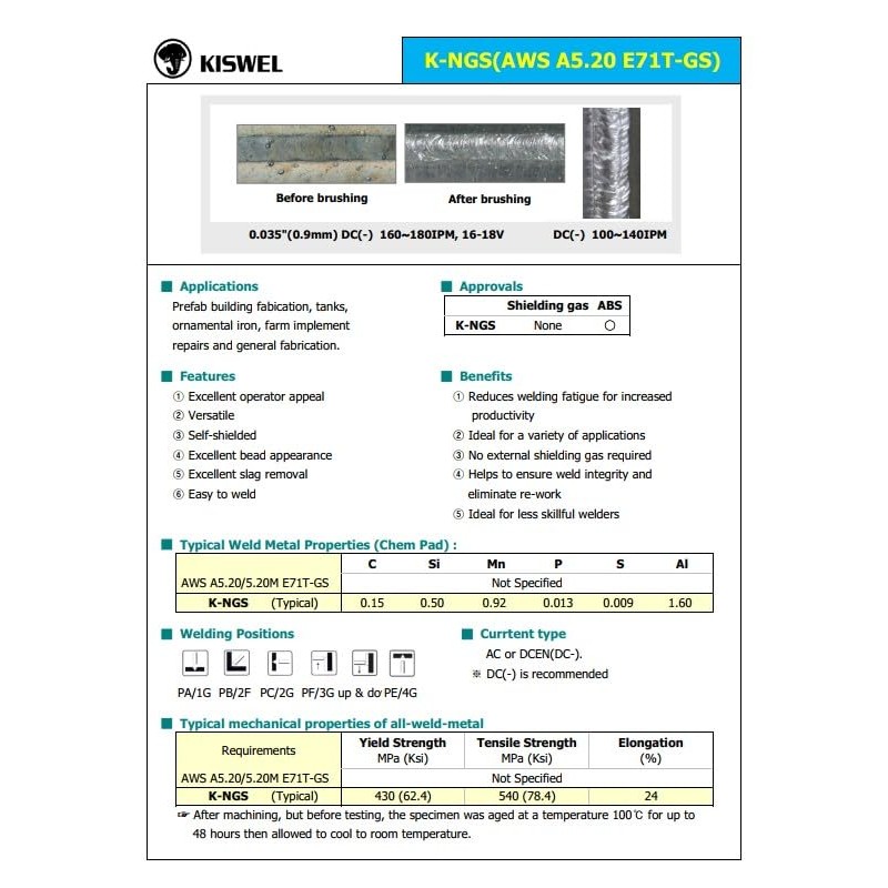 (Made In USA) K-NGS E-71TGS 0.035in. Dia 2lb. Gasless-Flux Core