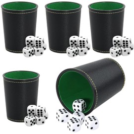 5 Pack Leather Dice Cup Set with 25 Dices,Deluxe Leather Dice Shaker for Yahtzee Poker Dice, Perudo Playing Games-Premium Game Set for Family Fun, Parties & Game Nights