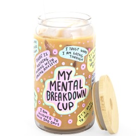 My Mental Breakdown Iced Coffee Cup [Frosted], Glass Cups with Bamboo Lids and Straws | 16 oz Mason Jar Drinking Glasses & Boba Cup | Glass Tumbler with Straw and Lid Mental Health