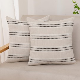 XIEJINJIA Boho Set of 2 Cushion Cover Striped Linen Decorative Farmhouse Garden Pillowcase Throw Pillow Covers for Couch Sofa Bed Living Room 45x45 cm 18x18 inch Black Beige