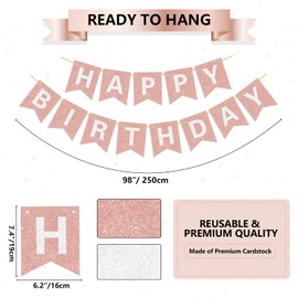Pre-Strung Happy Birthday Banner - NO DIY - with Shiny Letters Glitter Happy Birthday Banner for Rose Gold Birthday Party Decorations and Supplies