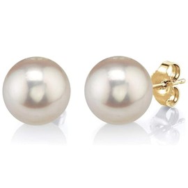 THE PEARL SOURCE Round White Freshwater Real Pearl Earrings in AAAA Quality for Women - 14k Gold Stud Earrings | Hypoallergenic Earrings with Genuine Cultured Pearls, 7.0-7.5mm