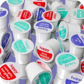 happy coffee dark roast coffee pods, 60 count, notes of cocoa & contentment, compatible with most K-cup brewers, rainforest alliance certified