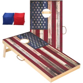 Shevvi Thicker Solid Wood Cornhole Boards 4' x 2' Regulation Size, Both Sides Printed Wood Grain, Premium Cornhole Outdoor Game Set, 8 Cornhole Bean Bags, Toss Games for Indoor Outdoor, Flag