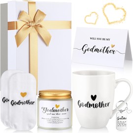 Reallnaive 6 Pcs Godmother Proposal Gift Will You Be My Godmother Gift Box Set for God Mother Auntie Includes Mug Scented Candle Socks Keychains Cards Box from Godchild Baptism Christmas