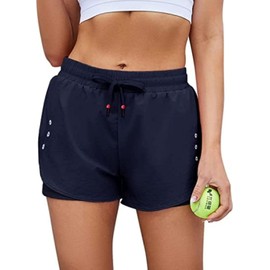 KOJOOIN - Pantalones cortos deportivos para mujer, de secado rápido, cintura alta, para correr, entrenamiento, gimnasio, con bolsillo, Azul oscuro, L