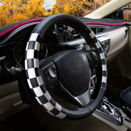 Evankin Evankin Lattice Leather Steering Wheel Cover, Black and White Checker Car Accessories, Non-Slip and Comfortable Unisex Universal Steering Wheel Cover 15 inch for Women Men (Black and White Checker)