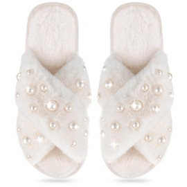 Jiuguva Bride Slippers Pearl Embellished Women's Fuzzy Plush Furry Bridesmaid Slippers for Wedding Bachelorette (9-10)