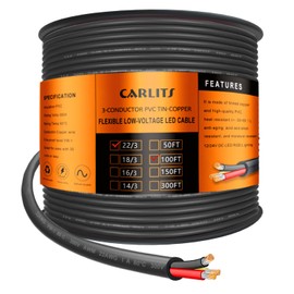 CARLITS 22 Gauge 3 Conductor Electrical Wire, 100FT Black Stranded Low Voltage 22/3 Cable PVC Case, Flexible Extension Power Cord for LED Lamp