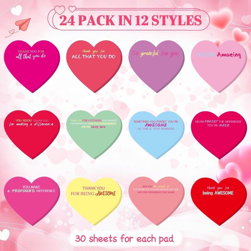DERAYEE 24PCS Valentines Sticky Notes, 3 x 3 Inches Heart