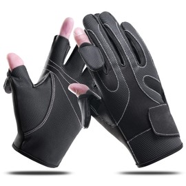 Bakovity Leather Fishing Gloves for Men and Women 2 Cut Fingers Flexible Great for Photography Fly Fishing Ice Fishing Running Touchscreen Texting Cycling Walking (Black-L)