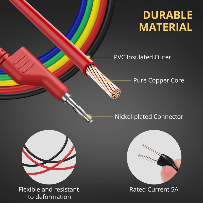 AMTOVL Test Leads Crocodile Clips Cable Set 5 Colours Stackable