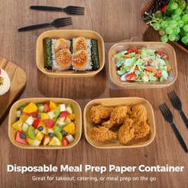 Homaisson 100 Pack 17 Oz Disposable Meal Prep Containers, Kraft Paper Bowls with Lids＆100 Forks, Small Rectangle Food Storage Containers Take Out Serving Bowls for Deli, Salad, Snack Lunch