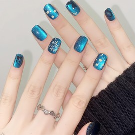 Magnetic Nail Tips, Short, Blue, 24 Pieces, Fake Nails, Short, Cat Eye, Starry Sky, Kittens, Fireworks, Fake Nails, Popular Nails, Japanese Style, Cute, Double-Sided Tape, Stylish, Simple, Coming-of-Age Ceremonies, Weddings, School Entrance Ceremonies, G