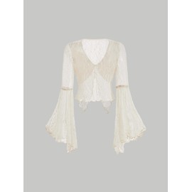 Verdusa Women's Lace Tops Tie Front Bell Long Sleeve Sheer Blouse Crop Tops Apricot Small