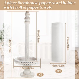 Farmhouse Paper Towel Holder Kitchen Countertop Wood Paper Towel Stand, Standing Paper Towel Dispenser Rack, White Washed Beaded Roll Paper Towel Stand and Non Woven Paper Towel for Kitchen Toilet