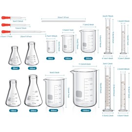 Frienda 50/100/250/500/1000ml Lab Glassware Include Graduated Cylinder, Glass Beaker Set, Glass Dropper, Stirring Rod, Measuring Cups for Laboratory Science Chemistry Supplies (20 Pcs)