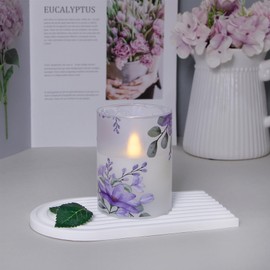 Mavandes Flameless Flickering Glass Candles with Remote and Timer,Purple Flowers LED Battery Operated Real Wax Set of 3 Realistic Wick Electric Pillar Candles,Warm Fire(3 x 4, 5, 6 Inches)