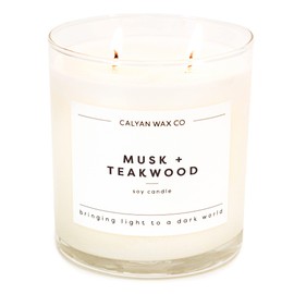 Musk & Teakwood Scented Candle, Soy Wax Candles for The Home Scented with Phthalate Free Oils, 3.5 x 3 inch, 8.8 oz, 37 Hour Burn Time Fall Candles & Home Decor in Glass Jar - Calyan Wax