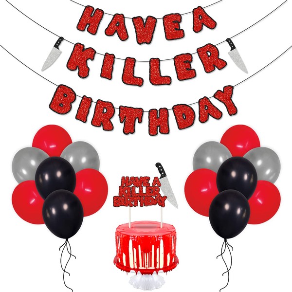 Have a Killer Birthday Party Decorations Kit Friday the 13th Themed Birthday Banner Bloody Cake Topper Balloons for Horror Theme Halloween Birthday Party Photo Props Supplies