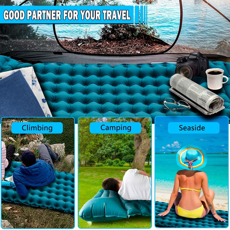 I LITTON Blue Self-Inflating Sleeping Camping Mat with Built-In Pillow,