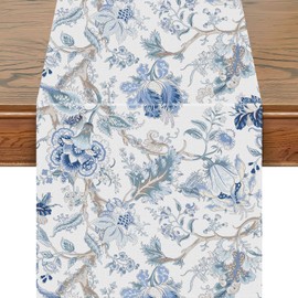 Snylcce Chinoiserie Blue & White Bird Floral Table Runner – Elegant 13 x 47 Inch Linen Decor for Modern Farmhouse Dining, Parties and Entryways