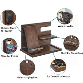 QYINXIU Wooden Organizer, Wood Phone Docking Station, Nightstand Organizer Key Holder, Wallet Stand, for Anniversary Birthday