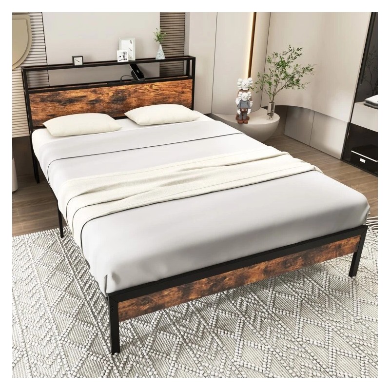 COSTWAY Queen Size Metal Bed Frame w/ Built-in Charging Station