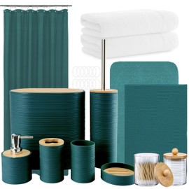 Icegrey Bathroom Accessories Set, 25PCS Bathroom Set with Shower Curtain Set and Rugs, Trash Can, Toothbrush Holder, Soap Dispenser, Soap Dish, Toilet Brush, Trash Can and Towel, Dark Green