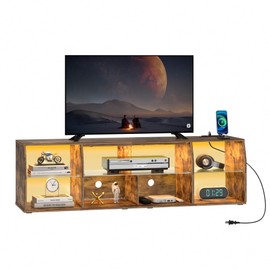 VECELO LED TV Stand for 65 inch Entertainment Center with Power Outlets, Industrial Television Cabinet with 7 Open Storage Shelves, for Living Room and Bedroom, Retro Brown, 65inch