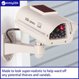 Easylife Solar Fake Security Camera – Realistic Dummy CCTV Camera with Flashing LED Light and Solar Panel – Weather Resistant Indoor Outdoor Deterrent with Easy Installation and Fixings Included
