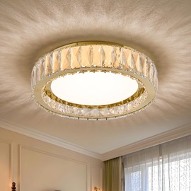 Suenigle Modern K9 Crystal Dimmable LED Flush Mount Ceiling Light,15 Inch 36W/5CCT 3000K-6000K,Luxury Gold Round Large Close to Ceiling Lighting Fixtures for Living Room,Kitchen,Bedroom,Dining Room