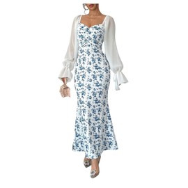 SweatyRocks Women's Floral Print Bodycon Fishtail Dress Ruched Lantern Long Sleeve Holiday Dresses Blue and White Small