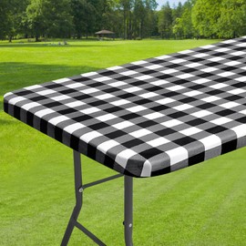 Dremisland Waterproof Rectangular TableCloth Elastic Edged Fitted Vinyl Black White Table Cover with Flannel Backing Wipeable PVC Table Protector Cover for Dinning Room Kitchen Picnic Party