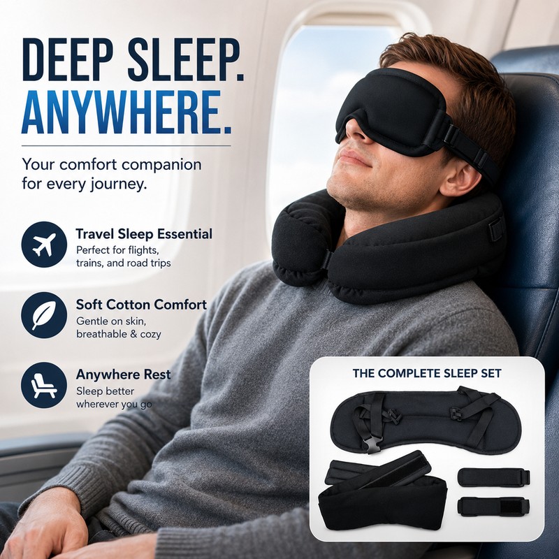 3D Sleep Eye Mask with Travel Neck Support – Cotton