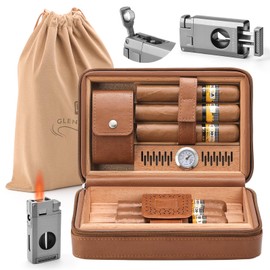 GLENCREAG Portable Travel Cigar Humidor Case, Leather Cedar Wood Lined Cigar Case with V Cutter & Torch Lighter, Built-in Hygrometer & Humidifier, Velvet Storage Bag, Upgraded Tight-Seal Edge