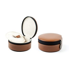 Jewellery Case Round with Removable Intermediate Base Cambridge Top Grain Cowhide Split Leather with Light Contrast Stitching Light Brown, light brown