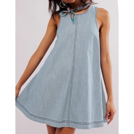 Creerer Womens Denim Dress Casual Sleeveless Jean Mini Dresses Loose A-Line Jumper Dress with Pockets(LightBlue-S)