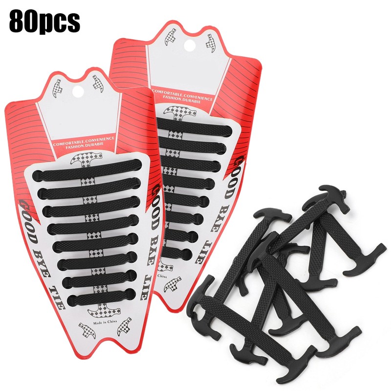 80pcs Silicone Lazy Shoelaces Elastic Black No Tie Shoe Laces